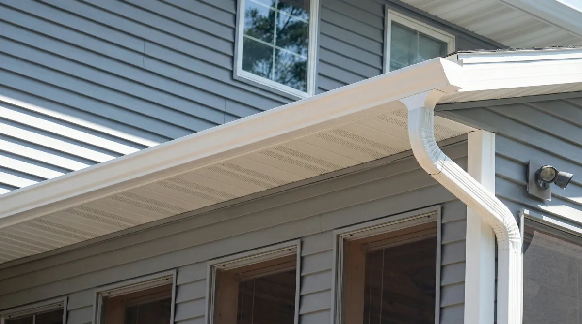 Professional home remodeling project showing newly installed white seamless gutters and downspouts on a house with gray siding in Cambridge, MA