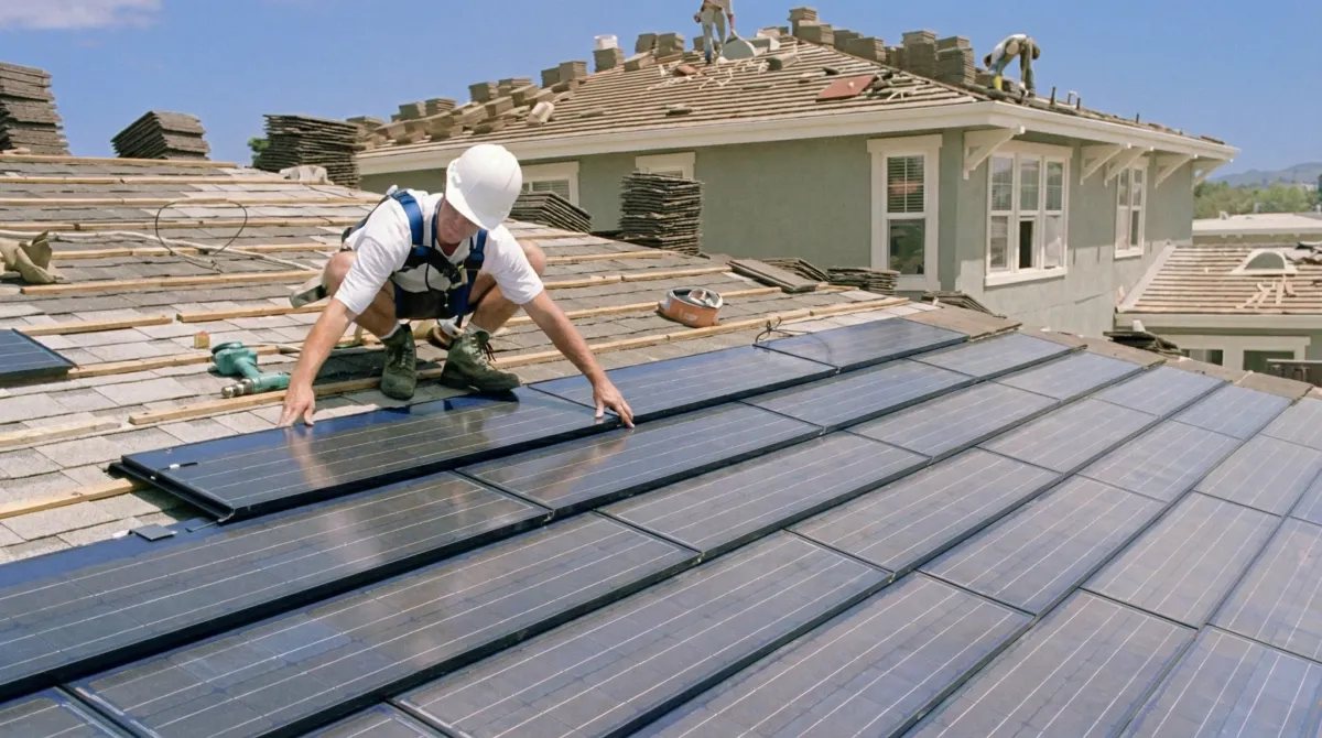 Roof replacement expert installing modern solar shingles on a residential home in Cambridge, MA