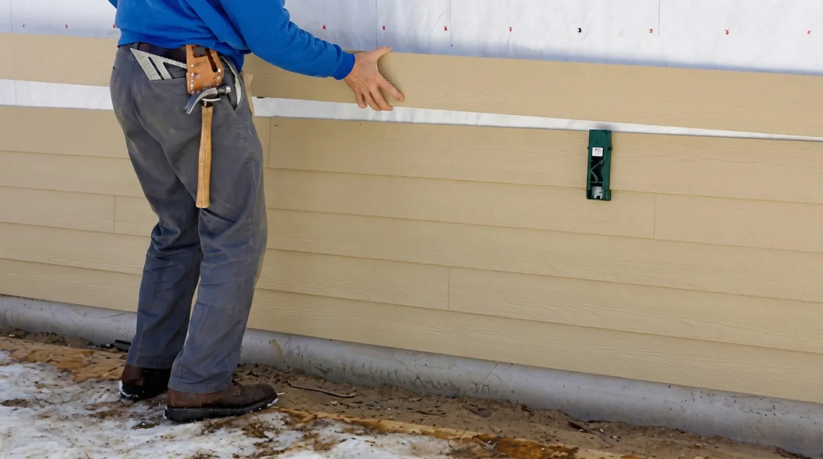 Siding replacement expert carefully aligning a new tan siding panel onto a residential exterior wall in Cambridge, MA