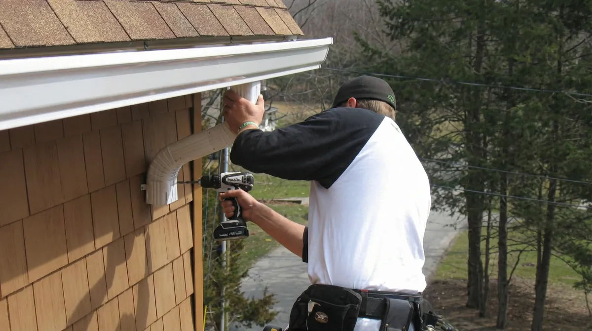 Professional contractor installing tan vinyl siding panels on a residential home exterior in Cambridge, MA