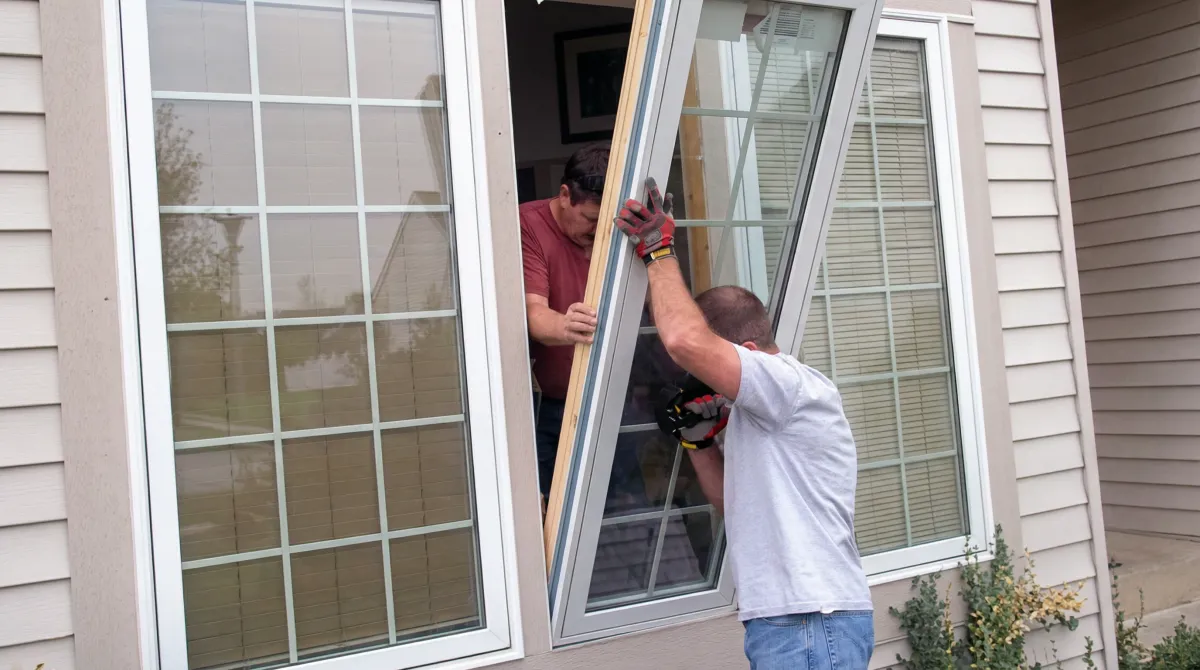 Professional home remodeling team installing a large replacement window on a house with tan siding in Cambridge, MA